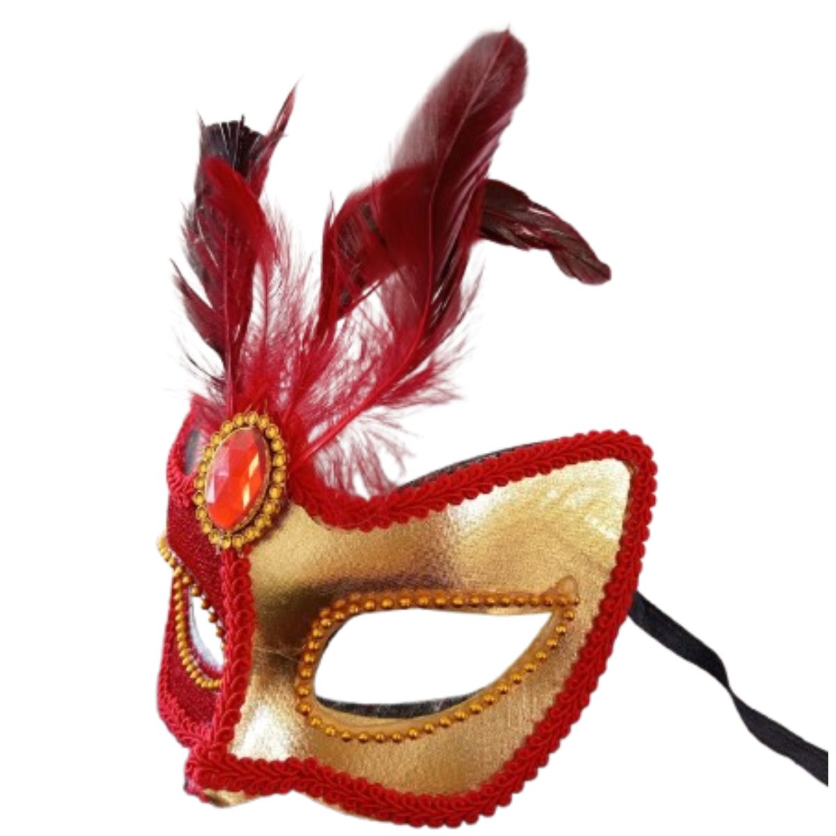 Antifaz Tentación Francesa para Mujer – Máscara de Lentejuelas con Plumas Rojo y Dorado - Imagen 2