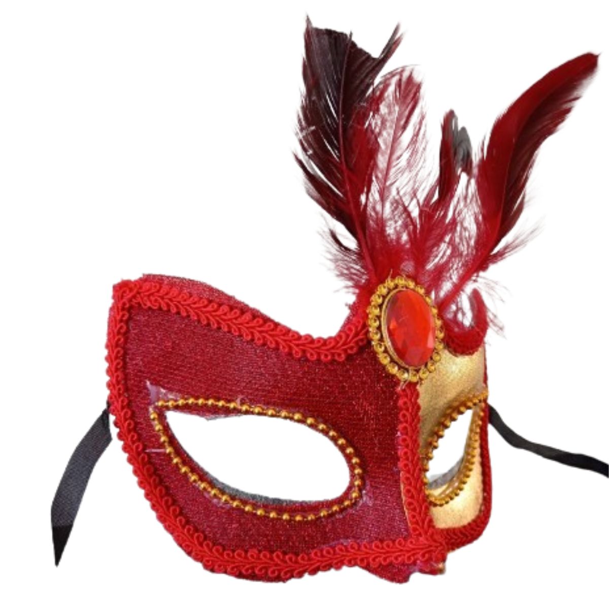 Antifaz Tentación Francesa para Mujer – Máscara de Lentejuelas con Plumas Rojo y Dorado - Imagen 3