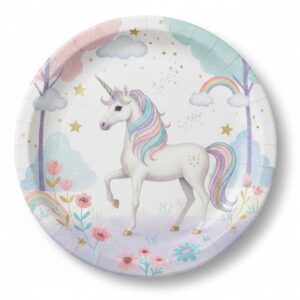 PLATOS DESCARTABLES UNICORNIO ROSA 28 DIAMETRO.