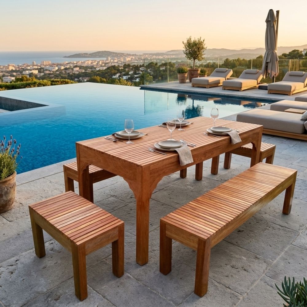 Juego de Comedor Campestre Terraza Wolf – Madera Tornillo para Exterior con 4 Banquetas - Imagen 2