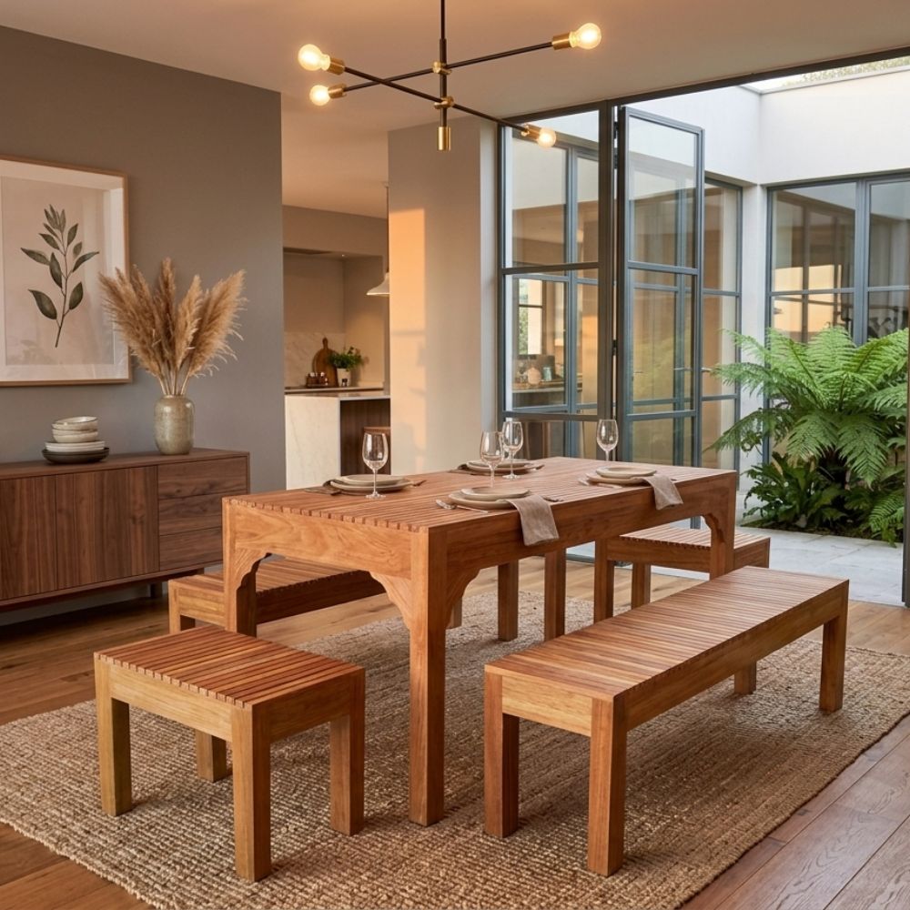 Juego de Comedor Campestre Terraza Wolf – Madera Tornillo para Exterior con 4 Banquetas - Imagen 3