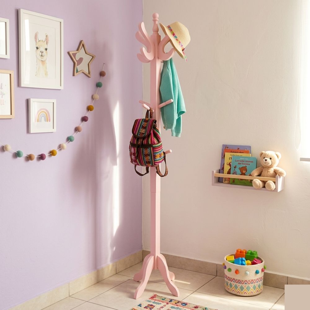 Perchero de Pie Rosa Pastel – 1.75 m, Madera Pino, Semibrillante Laqueado con Protección Antiácaros - Imagen 3