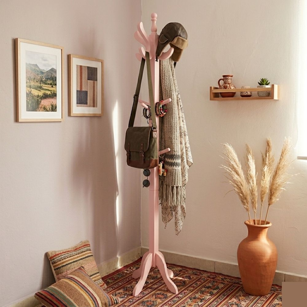 Perchero de Pie Rosa Pastel – 1.75 m, Madera Pino, Semibrillante Laqueado con Protección Antiácaros - Imagen 2