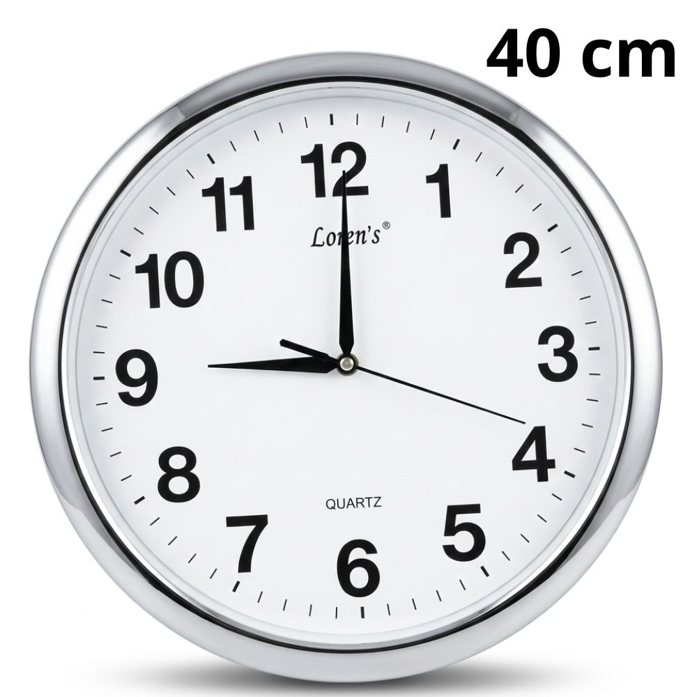Reloj de Pared Redondo Analógico 40 cm – Borde Plateado, Fondo Blanco