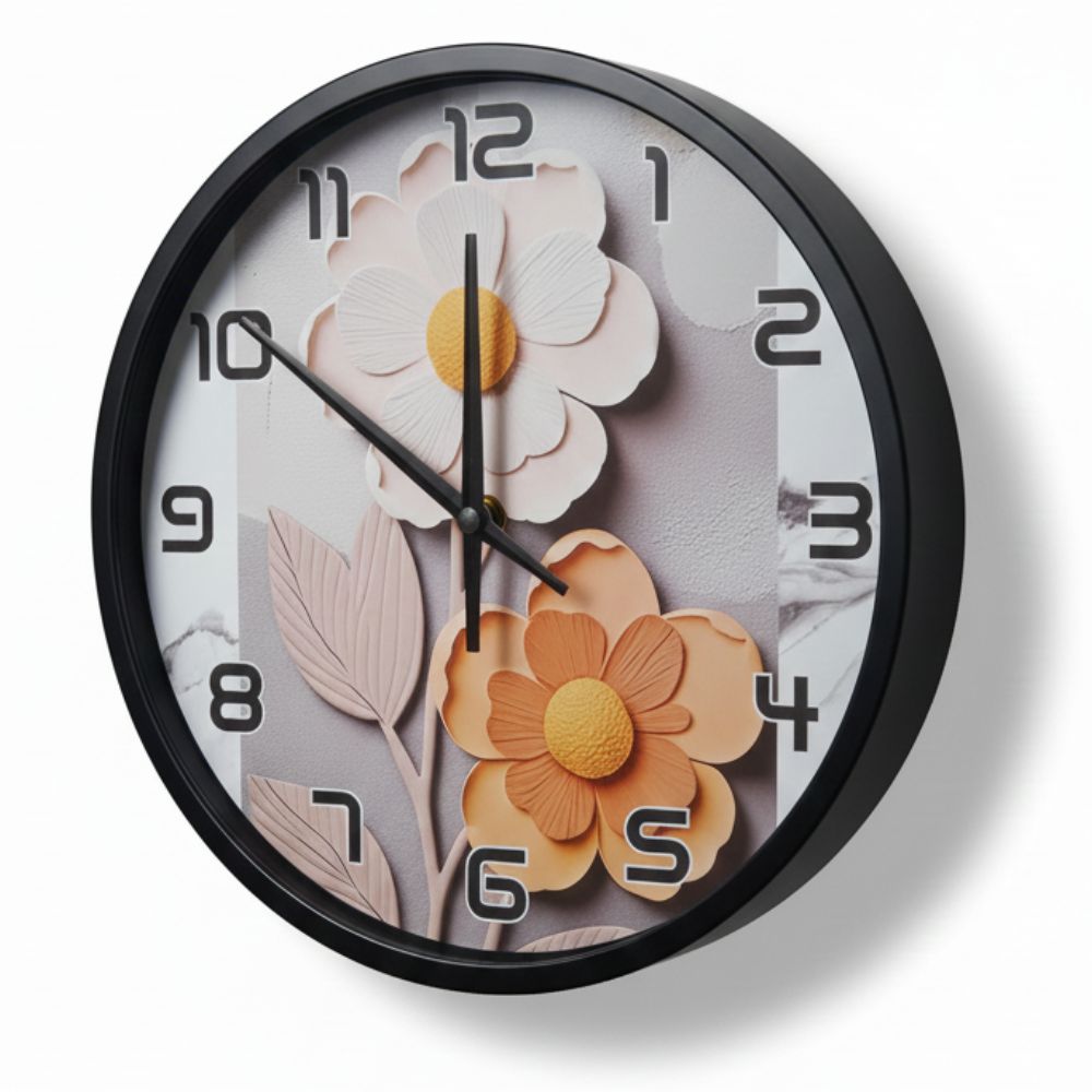 Reloj de Pared Redondo Modelo Margaritas – Marco Negro, Fondo Blanco, 20 cm - Imagen 2