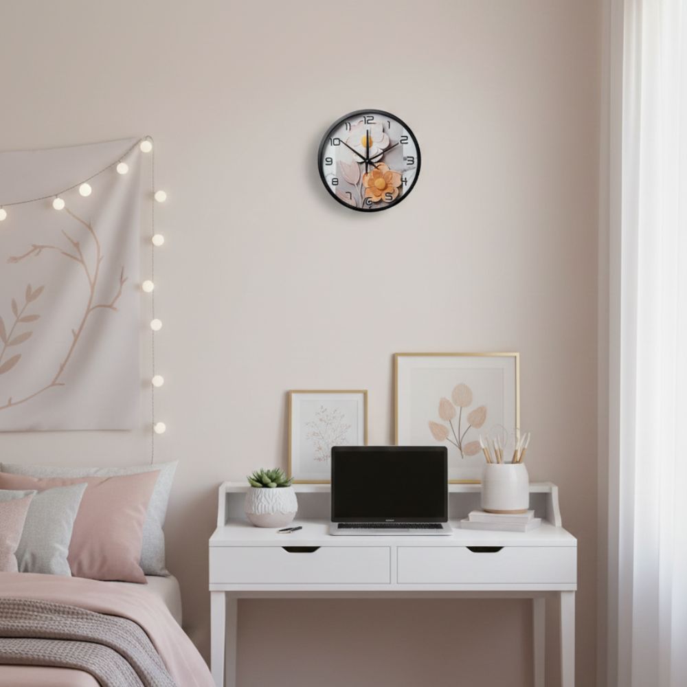 Reloj de Pared Redondo Modelo Margaritas – Marco Negro, Fondo Blanco, 20 cm - Imagen 3